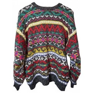 Vintage 90's Colorful Knit Sweater Womens Acrylic Large Changes Granny Vibrant